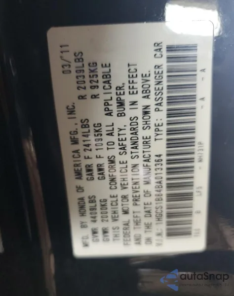 2011 Honda Accord Exl from USA, damaged, VIN 1HGCS1B84BA013364